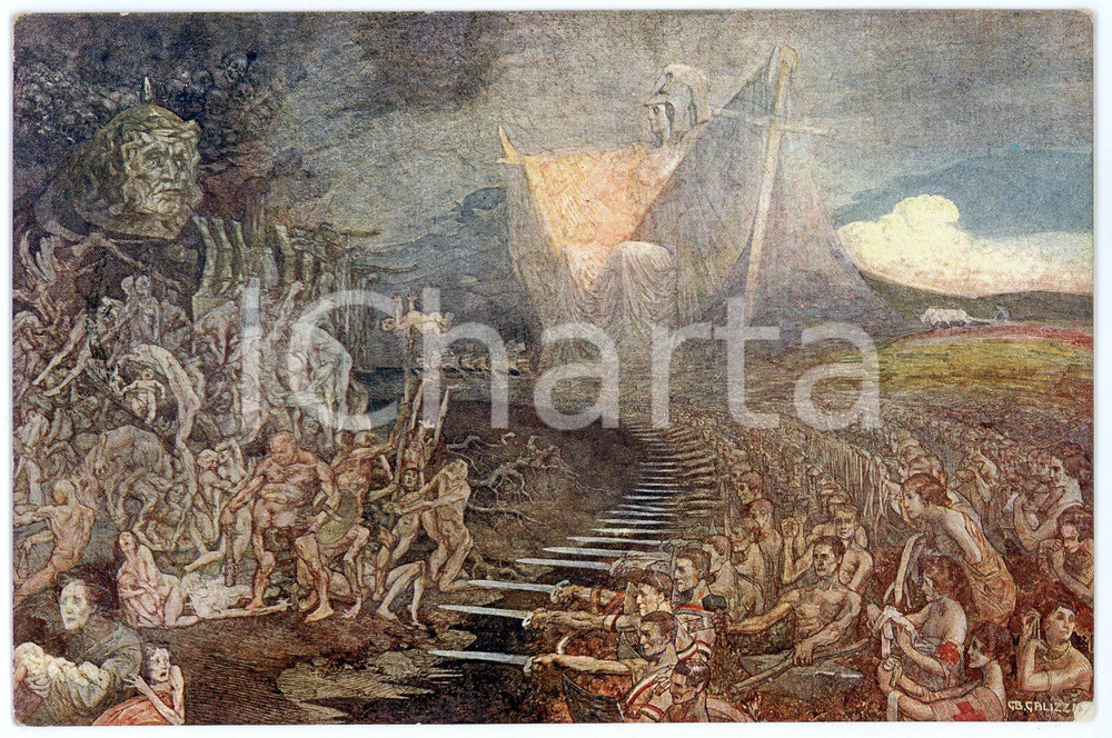 1917 WW1 MILANO Società Belle Arti - Artista Giovanni Battista GALIZZI Cartolina  Cartolina d'epoca, viaggiata.Realizzata in occasione del Concorso Nazionale d'Arte per la nostra guerra. Il titolo dell'opera di Galizzi &egrave; "Tutti uniti per la vittoria". FAIR/discreto lievi smussature agli angoli Formato: FP originale e autentica 1