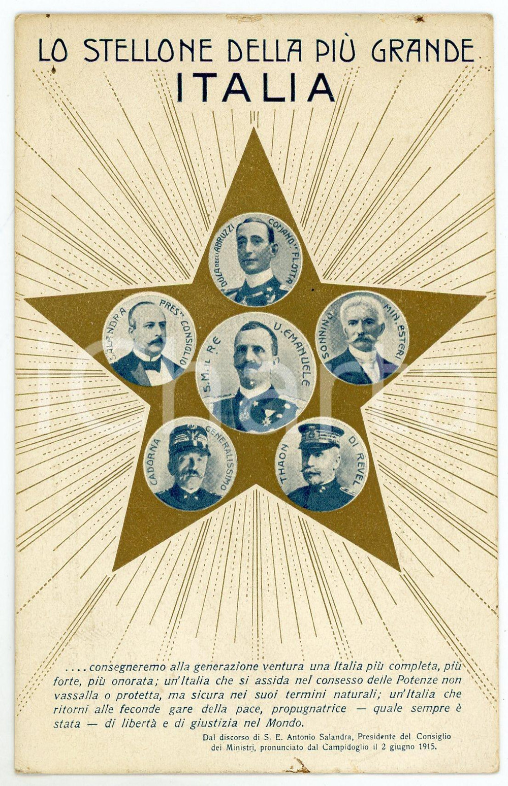 1915 ca WW1 Lo stellone della più grande Italia - Cartolina ILLUSTRATA FP NV  Cartolina d'epoca, non viaggiata. FAIR/discreto lievi smussature agli angoli, piccole macchie e gualciture Formato: FP originale e autentica 1