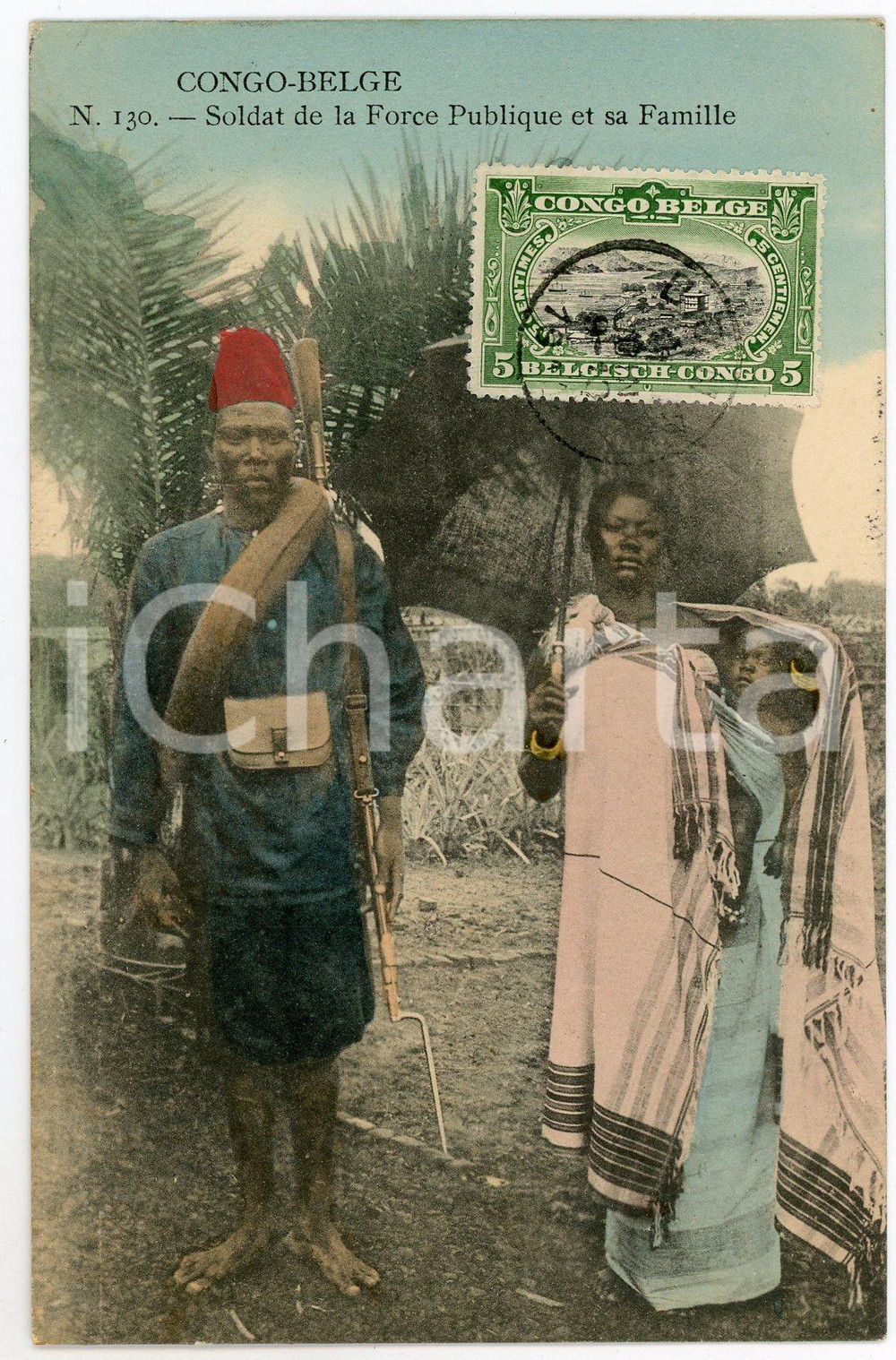 1911 CONGO BELGE Soldat de la Force Publique et sa famille - Carte postale n.130  Cartolina postale d'epoca, viaggiata.CONDIZIONI: FAIRFORMATO: FP    originale e autentica 1