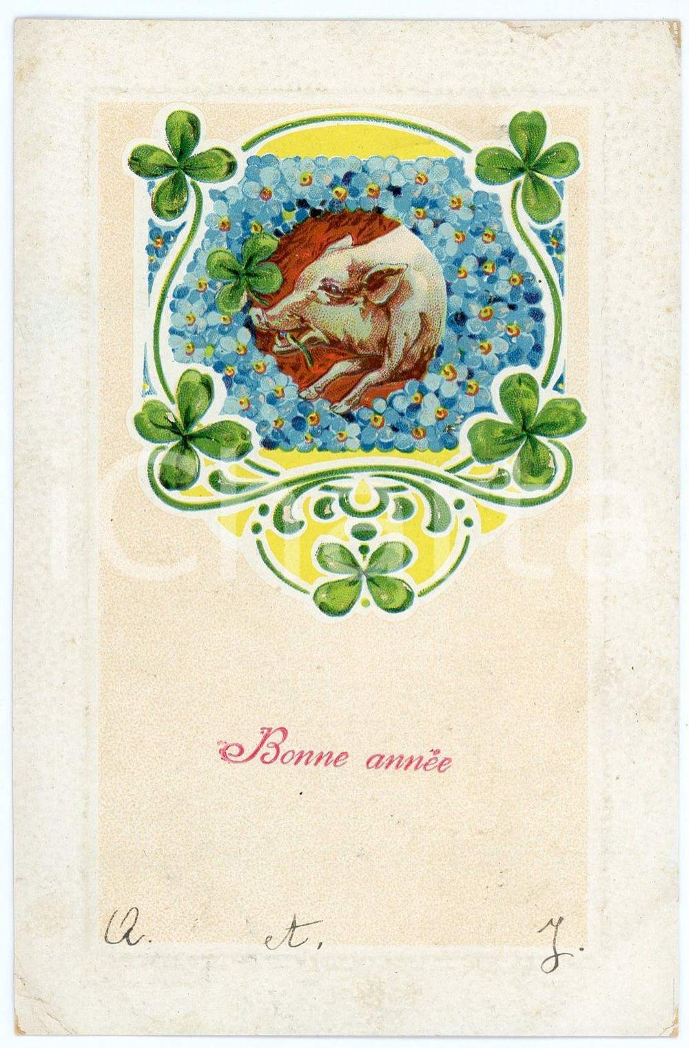 1912 BONNE ANNÉE Lucky pig with flowers and four-leaf clover - Embossed postcard  Cartolina postale d'epoca, viaggiata, in rilievo.CONDIZIONI: F (lievi abrasioni e piegature agli angoli)FORMATO: FP    originale e autentica 1