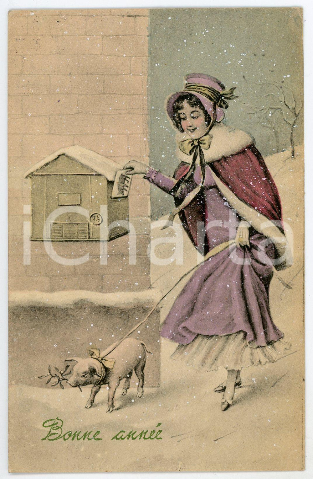 1923 BONNE ANNÉE Woman posting a letter with a pig on the lead - French Postcard  Cartolina postale d'epoca, viaggiata.CONDIZIONI: F (lieve piegatura all'angolo superiore destro)FORMATO: FP    originale e autentica 1