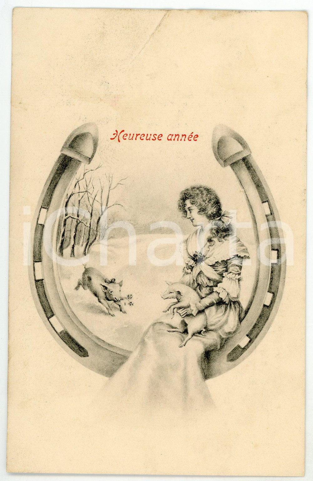 1920 HEUREUSE ANNÉE - Woman sitting on giant horseshoe with pigs - Postcard  Cartolina postale d'epoca, viaggiata.CONDIZIONI: P (piegature)FORMATO: FP    originale e autentica 1