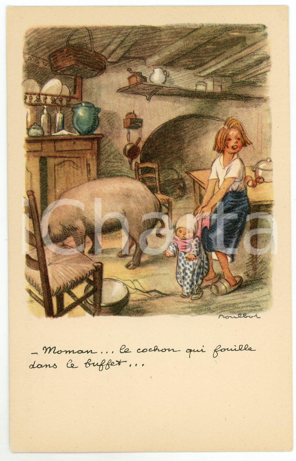 1910 ca. LIGUE TAUDIS Moman le cochon qui fouille dans le buffet - ill. POULBOT  Cartolina postale d'epoca, non viaggiata.Didascalia al verso "Ligue Nationale contre le taudis".CONDIZIONI: GFORMATO: FP    originale e autentica 1