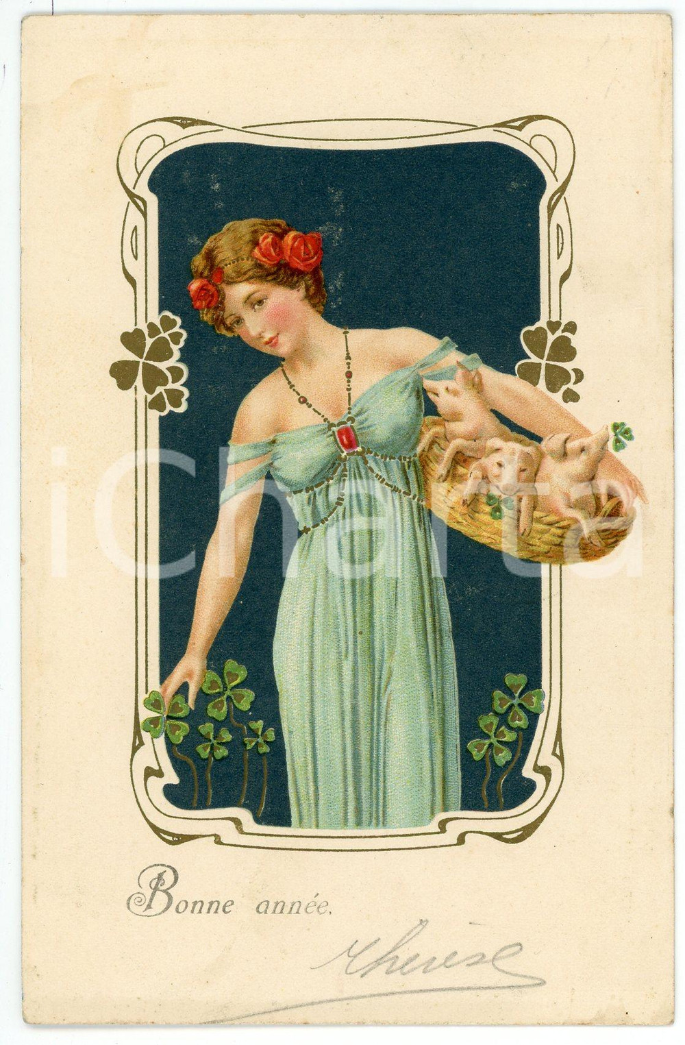 1907 ART NOUVEAU - Bonne Année -  Woman with pigs and four-leaf clover *Postcard  Cartolina postale d'epoca, viaggiata.CONDIZIONI: GFORMATO: FP    originale e autentica 1