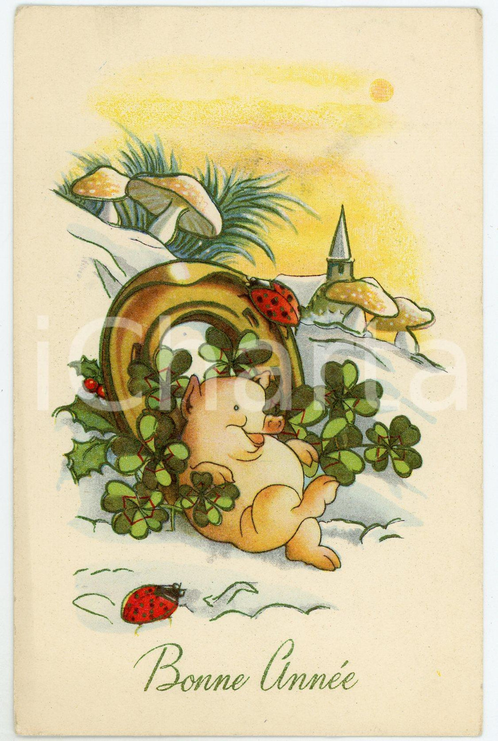 1910 ca BONNE ANNÉE Pig sitting in the snow with horseshoe and four-leaf clover  Cartolina postale d'epoca, viaggiata.CONDIZIONI: F (lieve piegatura all'angolo superiore sinistro)FORMATO: FP    originale e autentica 1