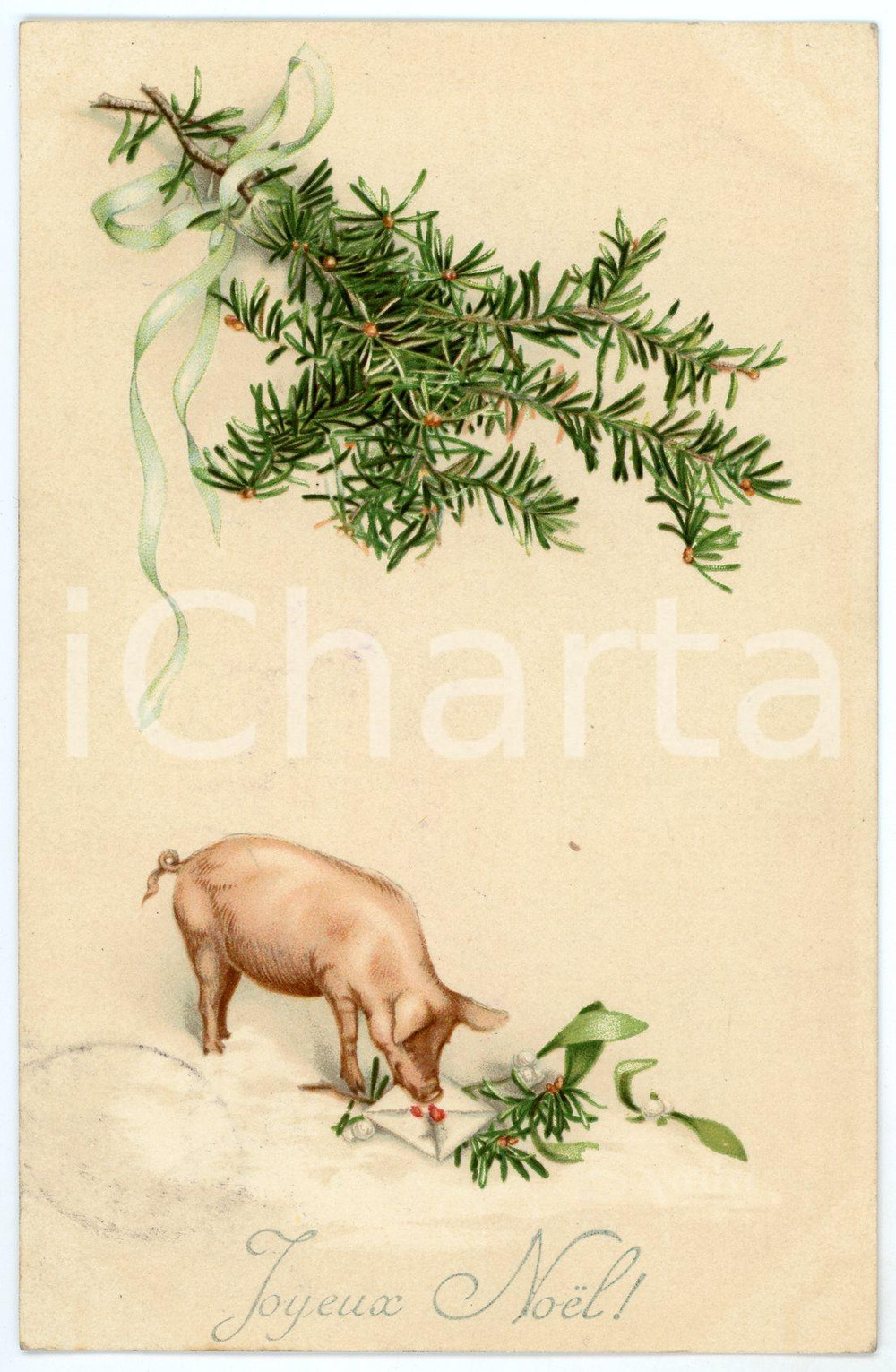 1913 JOYEUX NOËL! - Pig with holly sprig - Vintage postcard  Cartolina postale d'epoca, viaggiata.CONDIZIONI: G (lievi smussature agli angoli inferiori)FORMATO: FP    originale e autentica 1