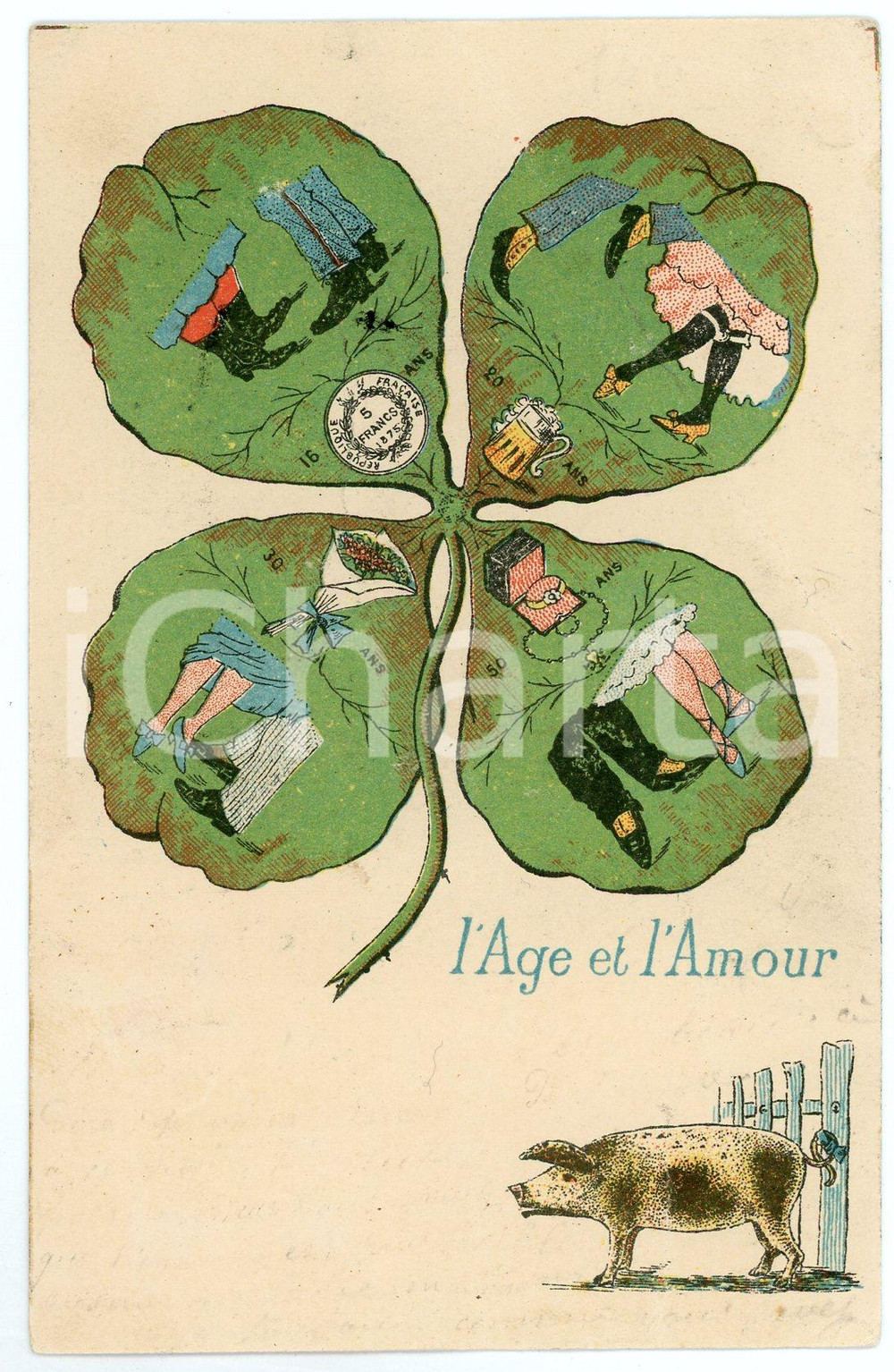 1900 FRANCE SATIRE L' Age et l'Amour - Trèfle à quatre feuilles *Carte postale  Cartolina postale d'epoca, viaggiata.CONDIZIONI: F (leggere piegature all'angolo superiore destro)FORMATO: FP    originale e autentica 1