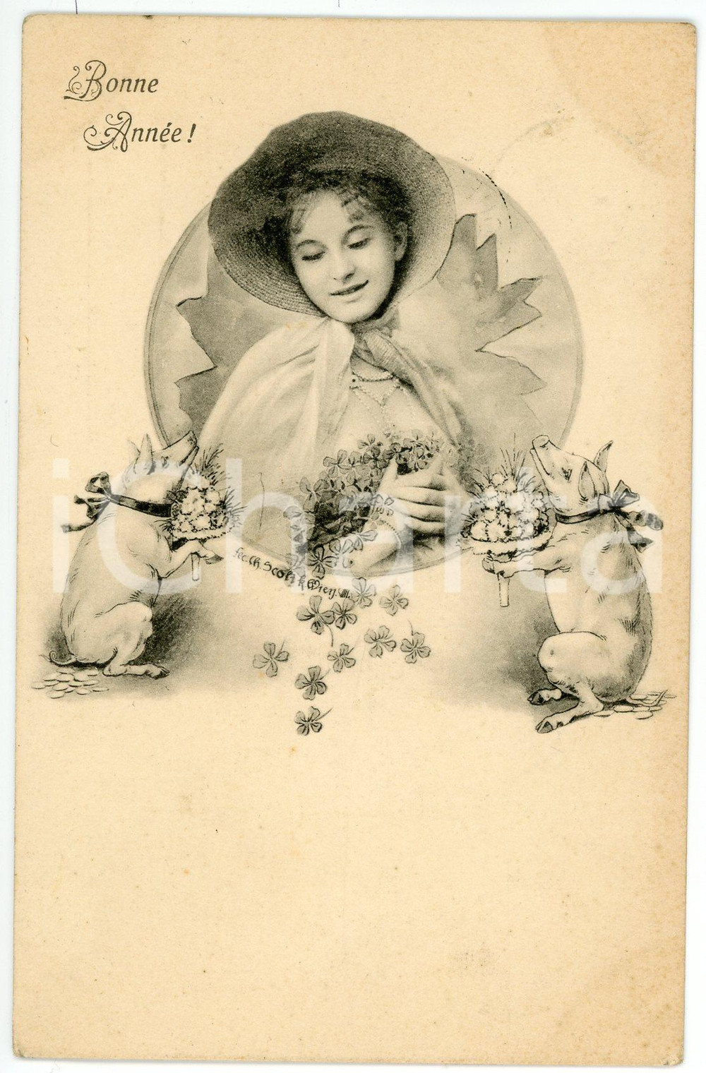 1903 BONNE ANNÉE! - Artist Charles SCOLIK *Woman with four-leaf clover and pigs  Cartolina postale d'epoca, viaggiata.CONDIZIONI: F (aloni angolari)FORMATO: FP    originale e autentica 1
