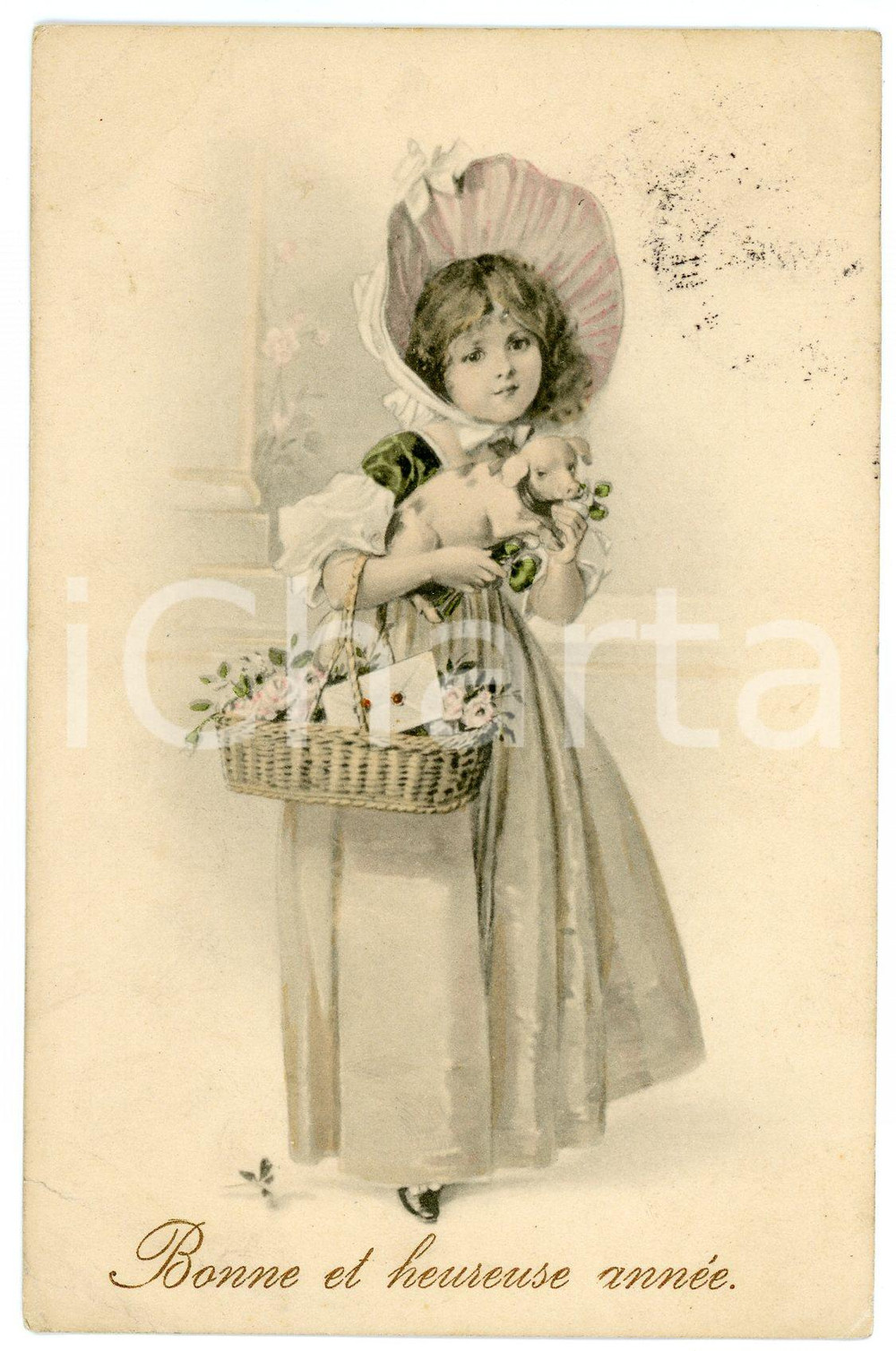 1913 BONNE ET HEUREUSE ANNÉE - Little girl with pig in her arms and a basket  Cartolina postale d'epoca, viaggiata.CONDIZIONI: F (piegature agli angoli inferiori)FORMATO: FP    originale e autentica 1