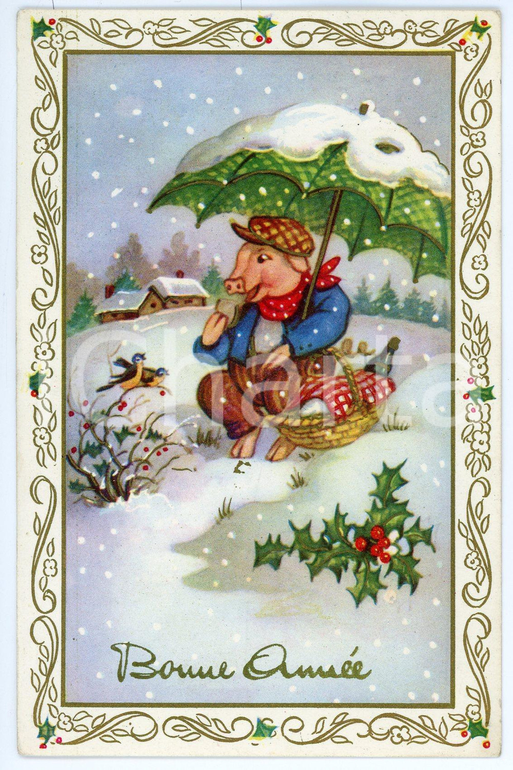 1915 BONNE ANNÉE - Pig eating sitting in the snow - Carte postale  Cartolina postale d'epoca, viaggiata.CONDIZIONI: G FORMATO: FP    originale e autentica 1