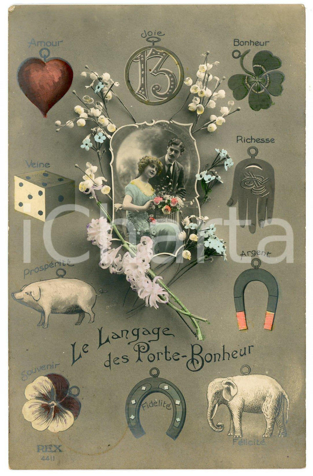 1913 FRANCE LOVERS Le Langage des Porte -Bonheur - Carte postale  Cartolina postale d'epoca, viaggiata.CONDIZIONI: F (lievi abrasioni angolari)FORMATO: FP    originale e autentica 1