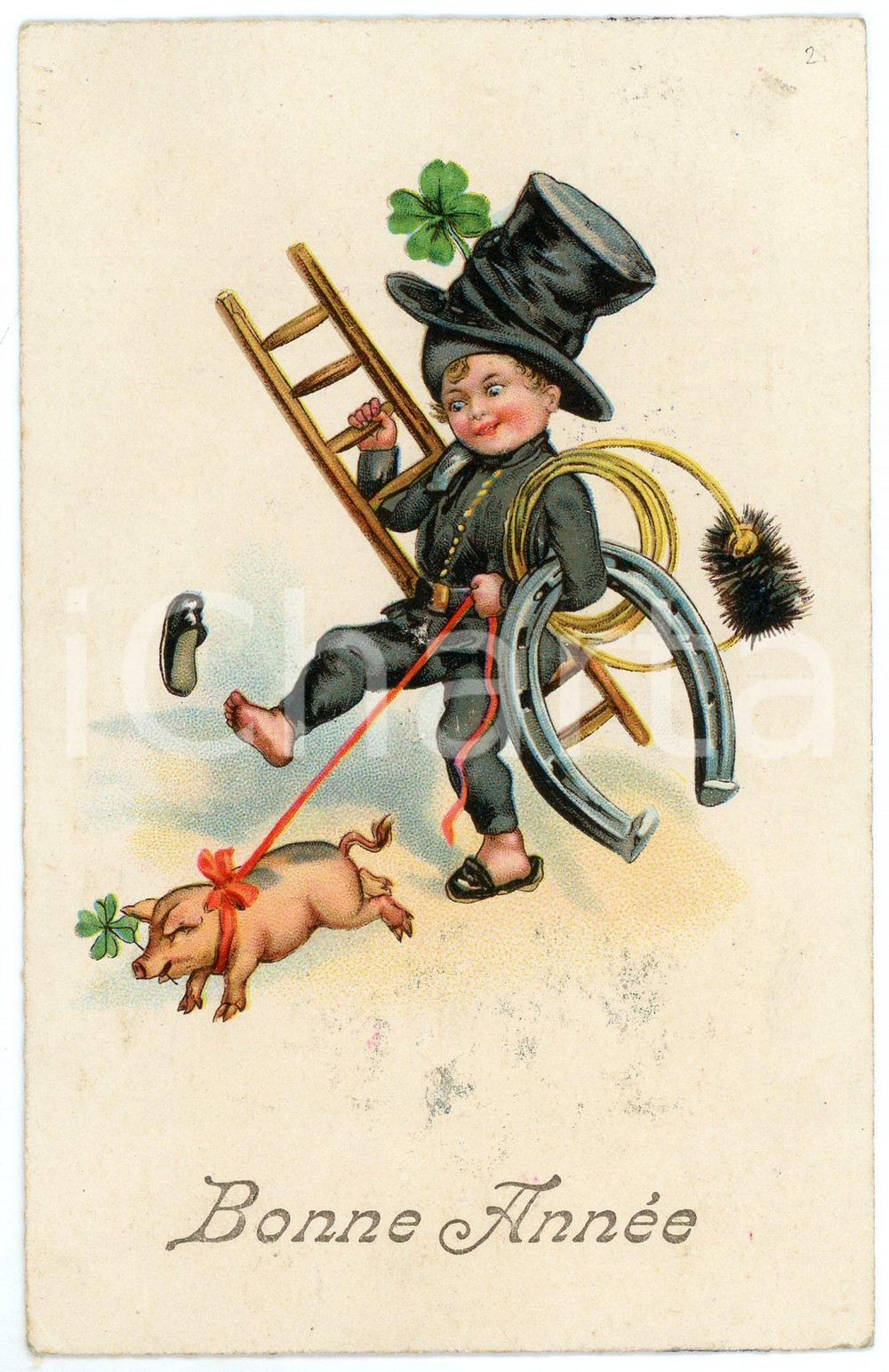 1933 BONNE ANNÉE Little chimney sweep with horshoe and pig on a leash *Postcard  Cartolina postale d'epoca, viaggiata.CONDIZIONI: G FORMATO: FP    originale e autentica 1