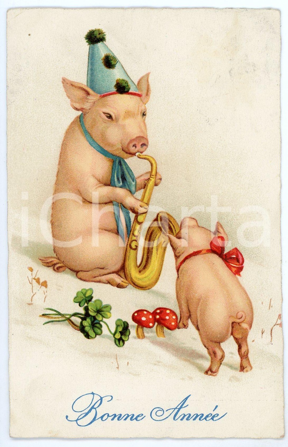 1910 ca BONNE ANNÉE - Pig playing the trumpet with a little pig - Postcard  Cartolina postale d'epoca, viaggiata.CONDIZIONI: G (lievi smussature angolari)FORMATO: FP    originale e autentica 1