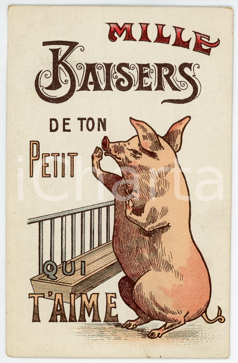 1910 ca. SATIRE - Mille baisers de ton petit qui t'aime - Pig - Postcard  Cartolina postale d'epoca, non viaggiata.CONDIZIONI: F (lieve strappo al centro del lato inferiore e piegatura)FORMATO: FP    originale e autentica 1