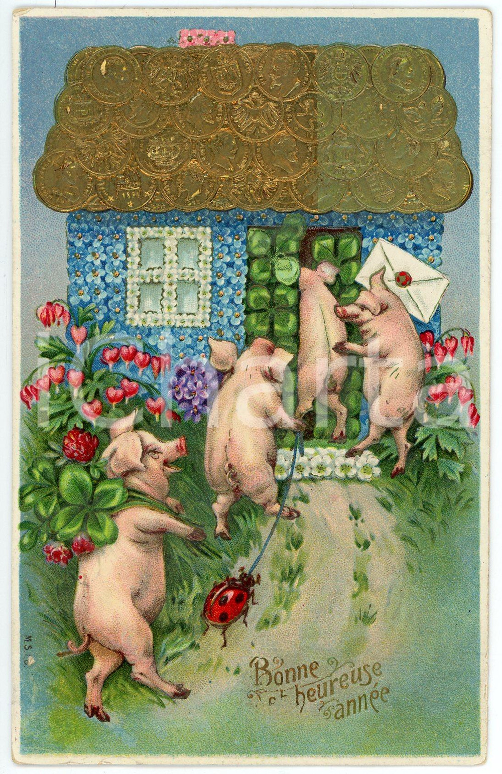 1910 BONNE ANNÉE Pigs coming in a house with a roof of coins  *Embossed postcard  Cartolina postale d'epoca, viaggiata, in rilievo.CONDIZIONI: G (ma piccola smussatura al lato inferiore)FORMATO: FP    originale e autentica 1