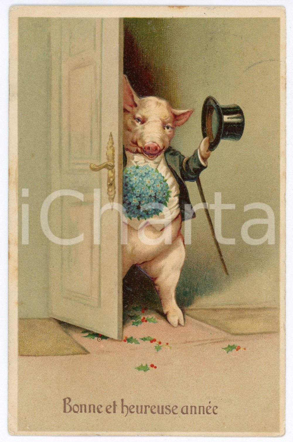 1910 BONNE ET HEUREUSE ANNÉE Pig with a hat opening the door *Embossed postcard  Cartolina postale d'epoca, viaggiata, in rilievo.CONDIZIONI: G FORMATO: FP    originale e autentica 1