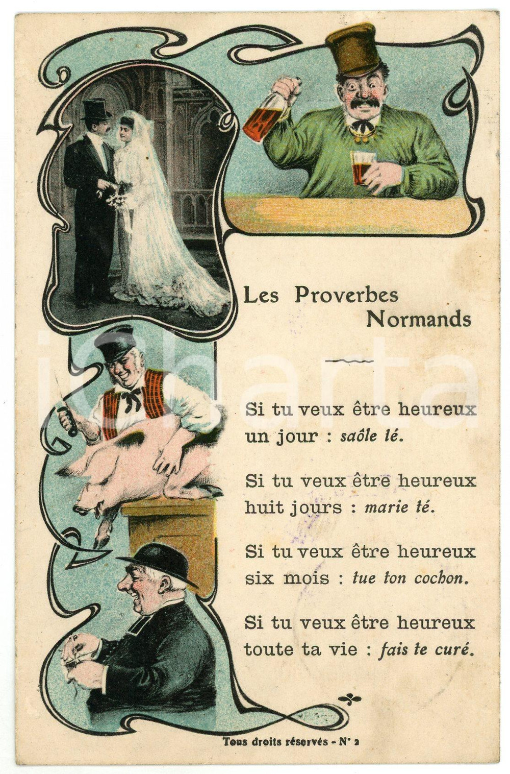 1917 FRANCE COUTUMES - Les Proverbes Normands - Carte postale  Cartolina postale d'epoca, viaggiata, senza francobollo con timbro: "Correspondance priv&eacute;e de l'arm&eacute;e belge".CONDIZIONI: F (leggere macchie sul lato destro e impressione del timbro al recto)FORMATO: FP    originale e autentica 1