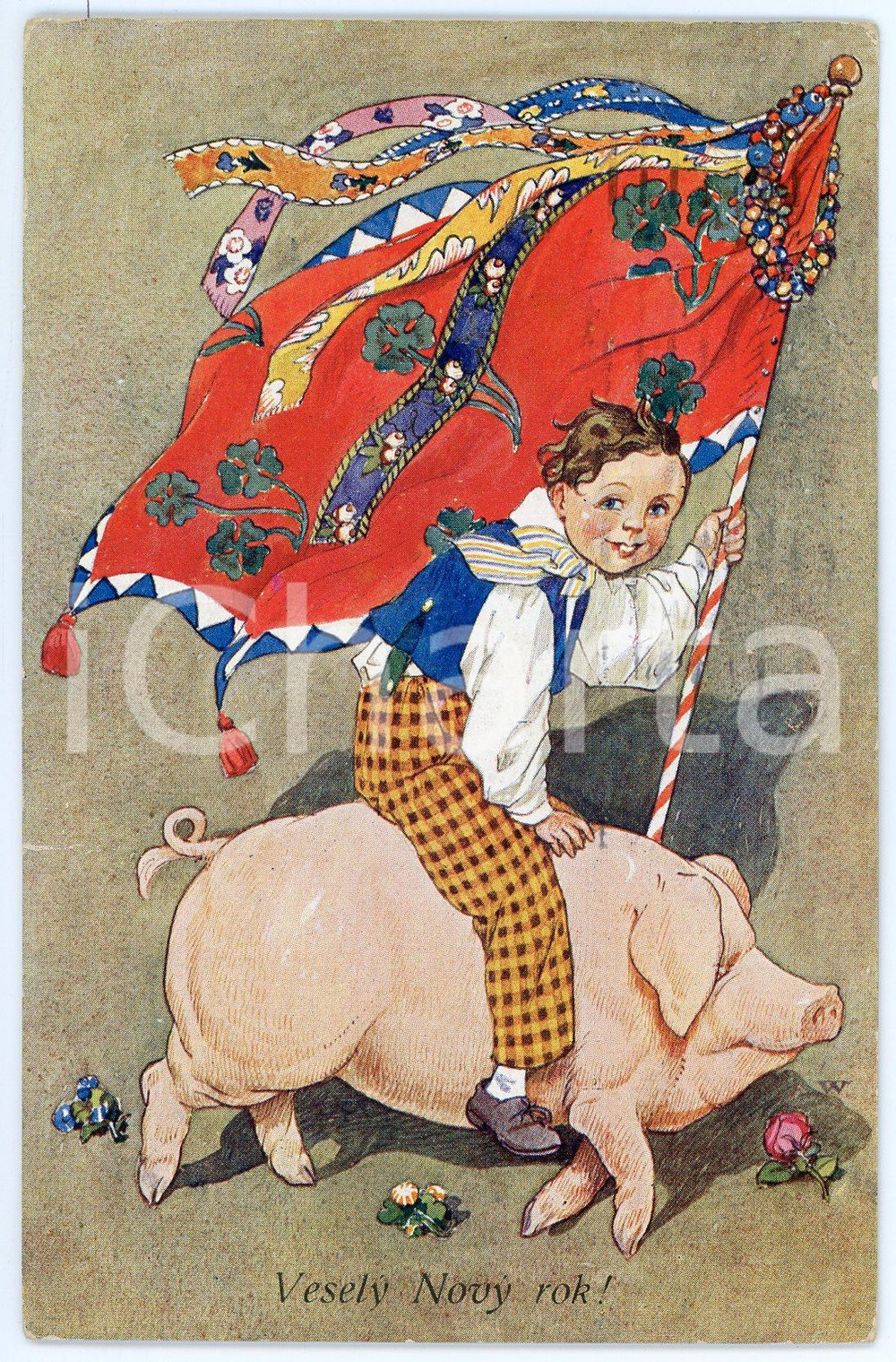 1911 Vesely Novy Rok - Artist J. WENIGA - Child with flag riding a pig *Postcard  Cartolina postale d'epoca, viaggiata.CONDIZIONI: GFORMATO: FP    originale e autentica 1