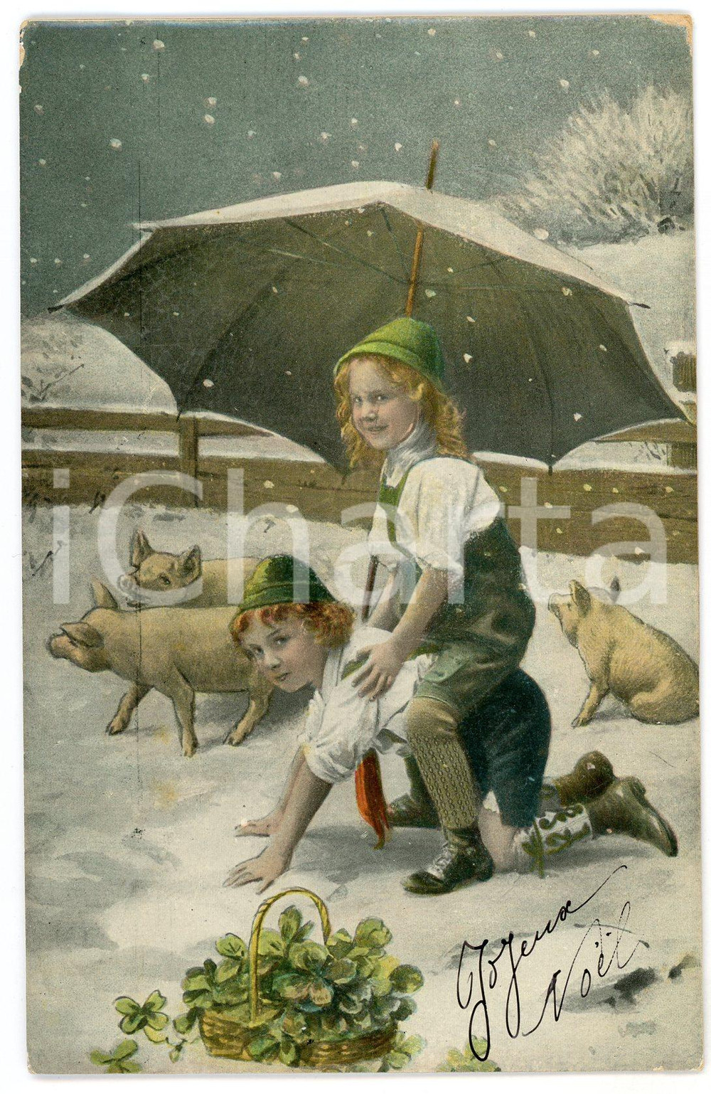 1910 ca CHRISTMAS - Children in the snow with umbrella and pigs - Postcard  Cartolina postale d'epoca, viaggiata.CONDIZIONI: P (piegature diffuse e abrasioni angolari)FORMATO: FP    originale e autentica 1