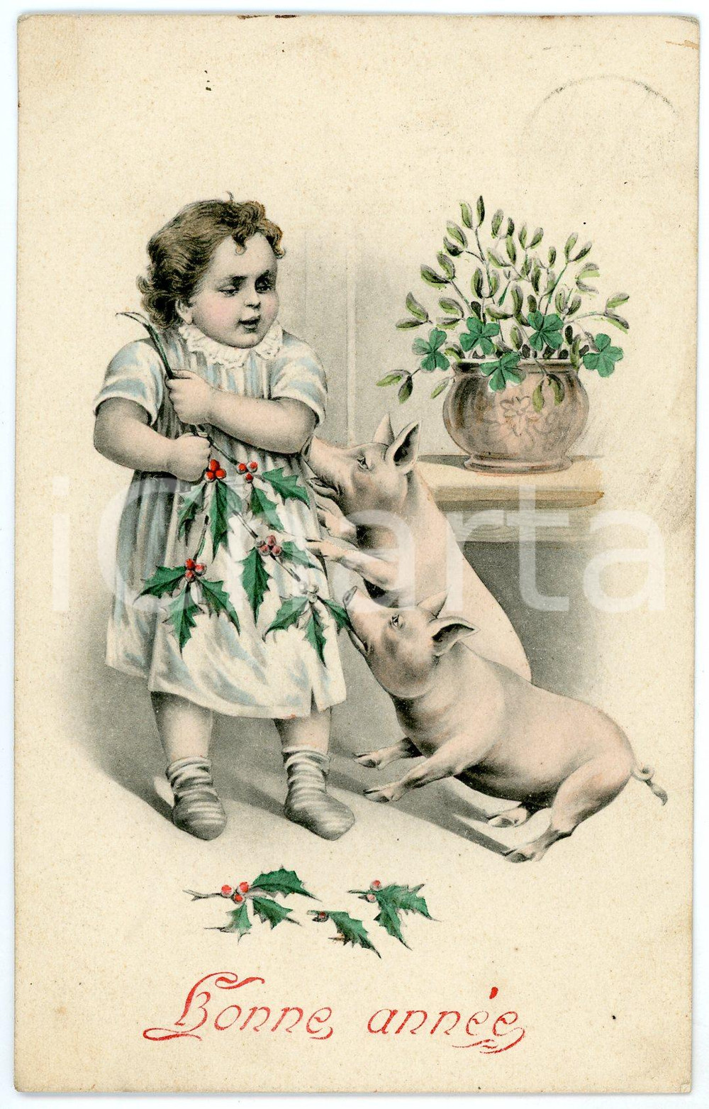 1919 BONNE ANNÃ‰E  Little girl with holly and pigs - French vintage postcard  Cartolina postale d'epoca, viaggiata.CONDIZIONI: GFORMATO: FP    originale e autentica 1