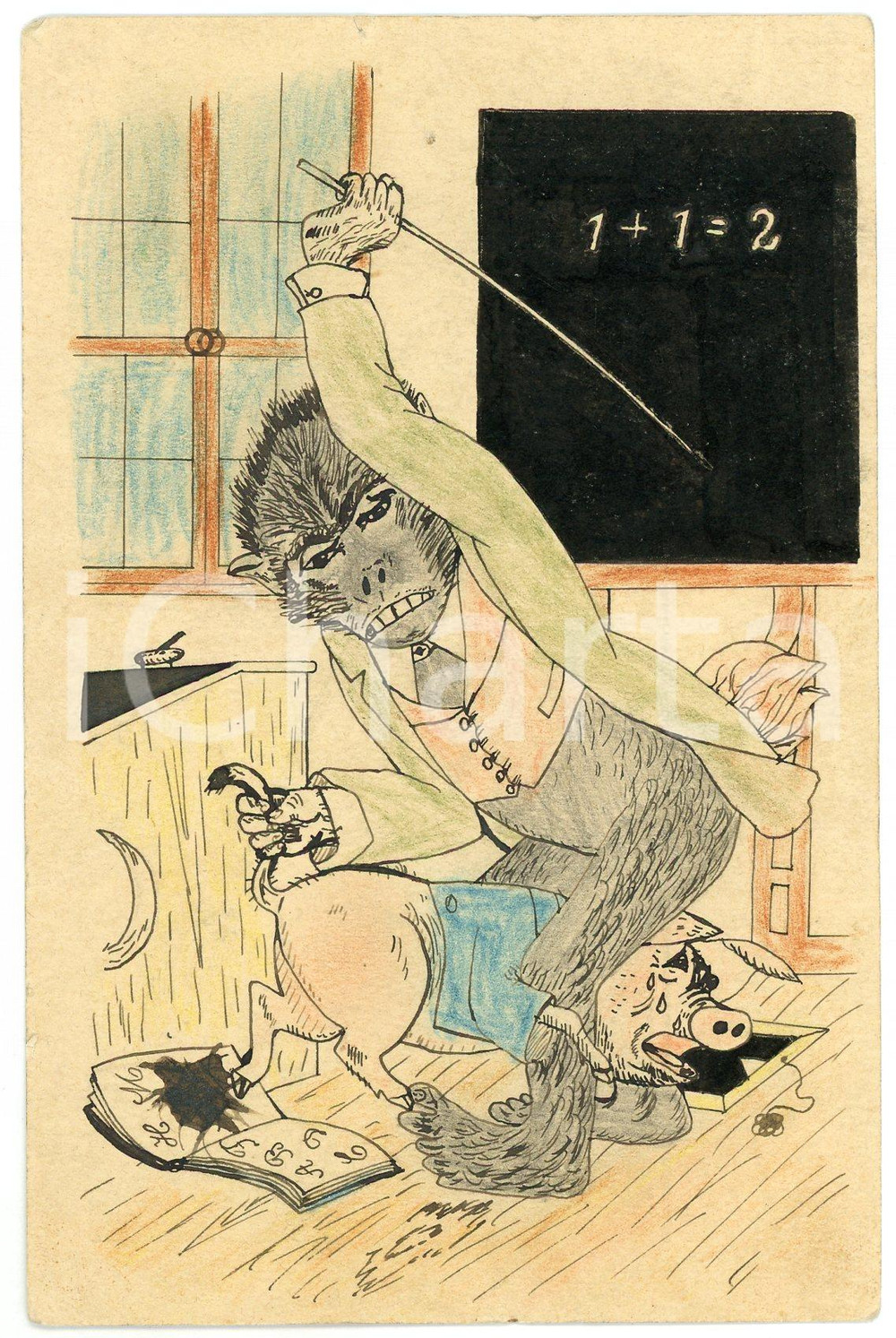 1900 ca Monkey teacher beating pig student- Anthropomorphic postcard HAND DRAWN Cartolina postale d'epoca, disegnata e colorata a mano (tecnica china/pastello).Non viaggiata.CONDIZIONI: G FORMATO: FP    originale e autentica 1