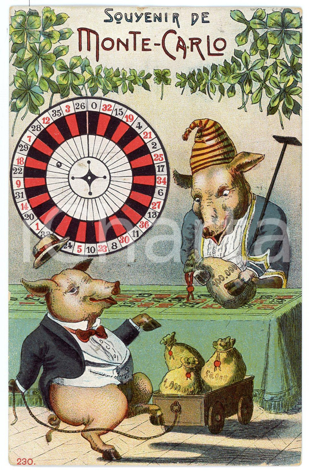 1920 MONTE CARLO Casino - Pigs playing - Anthropomorphic postcard  Cartolina postale d'epoca, viaggiata.CONDIZIONI: GFORMATO: FP    originale e autentica 1