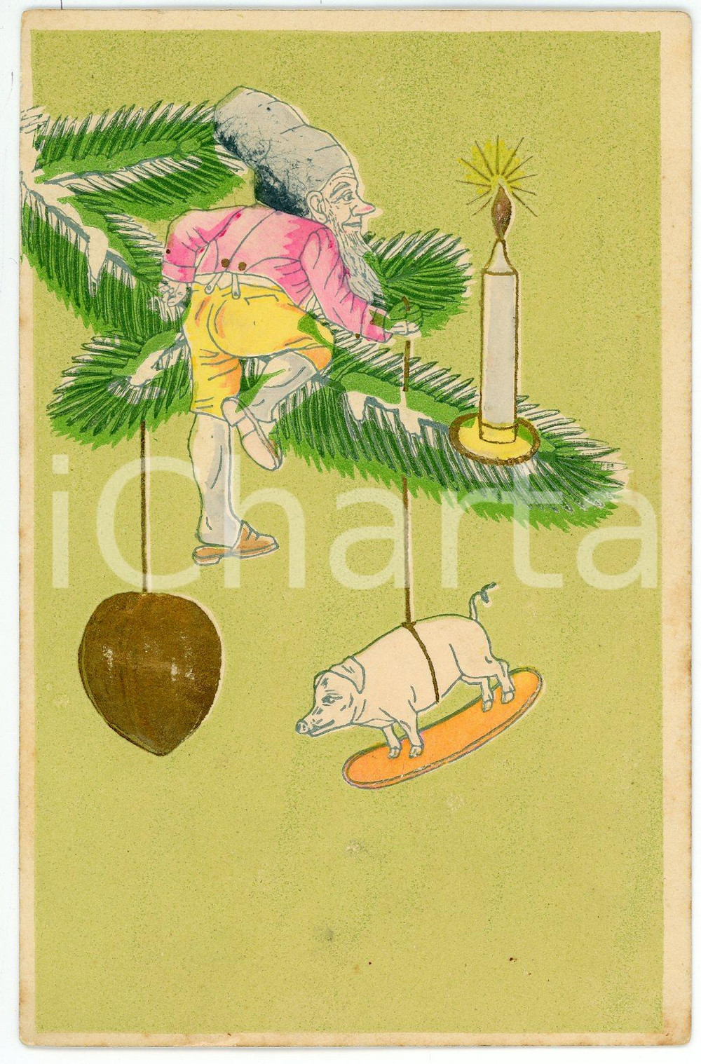 1900 ca CHRISTMAS - Gnome on Christmas tree branch - Embossed Postcard  Cartolina postale d'epoca, non viaggiata, in rilievo.CONDIZIONI: G FORMATO: FP    originale e autentica 1