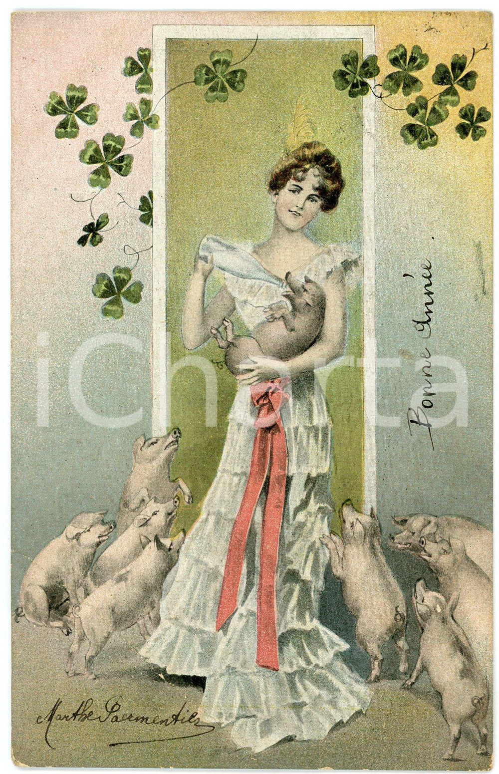1911 BONNE ANNÉE - Woman surrounded by pigs - DAMAGED Postcard  Cartolina postale d'epoca, viaggiata.CONDIZIONI: VP (evidente piegatura angolare e smussature agli angoli inferiori)FORMATO: FP    originale e autentica 1