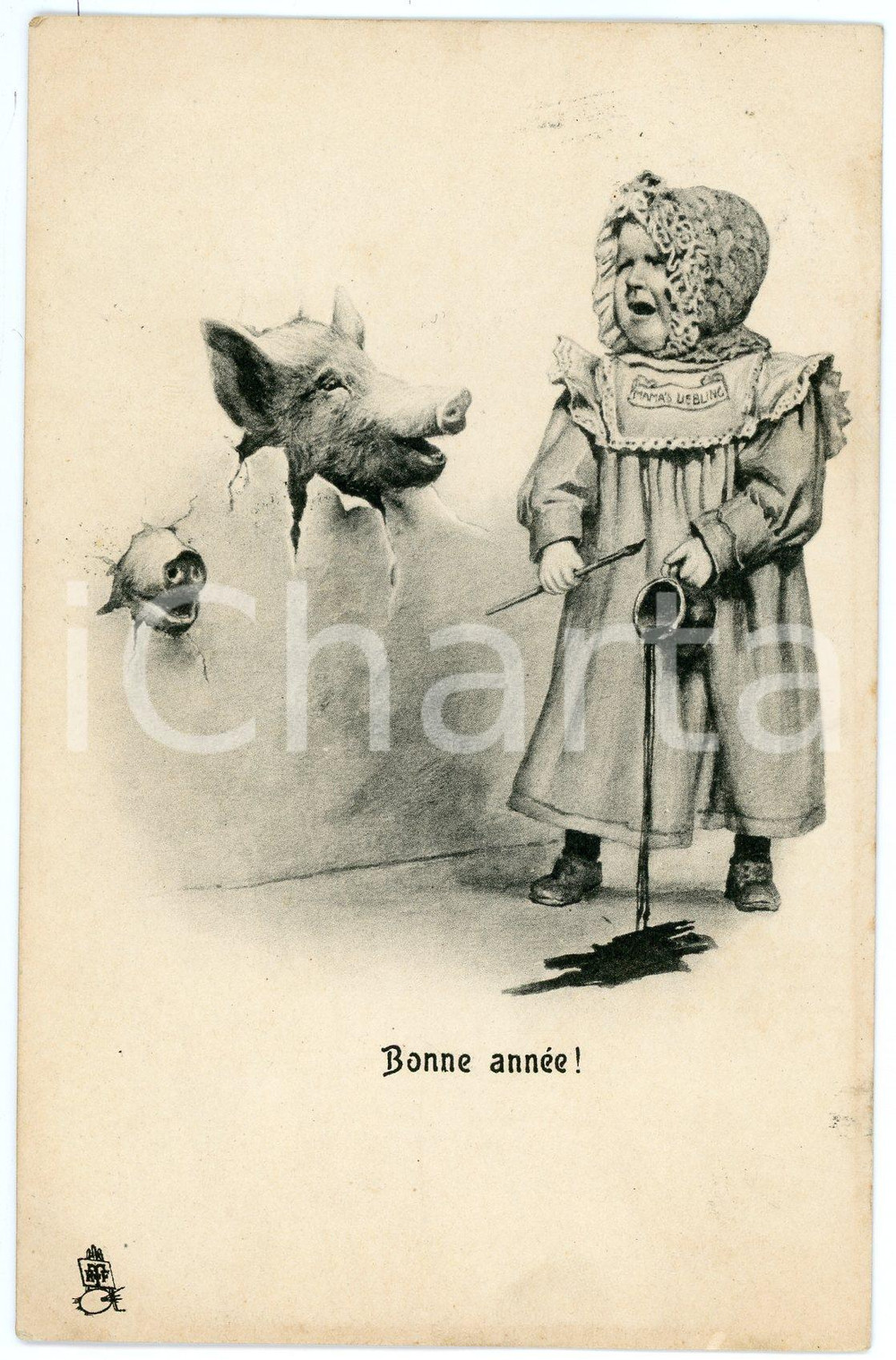 1900 ca BONNE ANNÉE - Little girl scared of pigs heads - Postcard TUCK'S  Cartolina postale d'epoca, viaggiata.EDITORE: Raphael Tuck and FilsCONDIZIONI: GFORMATO: FP    originale e autentica 1