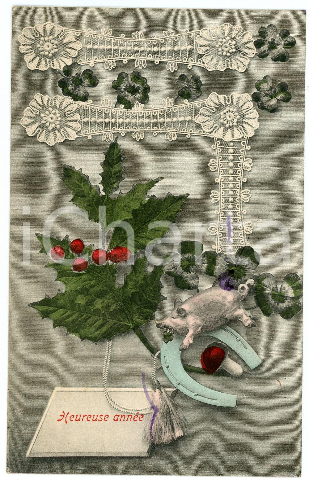 1910 ca HEUREUSE ANNÃ‰E - Good luck sign - Pig - Lace - French vintage postcard  Cartolina postale d'epoca, scritta ma non viaggiata.CONDIZIONI: GFORMATO: FP     originale e autentica 1