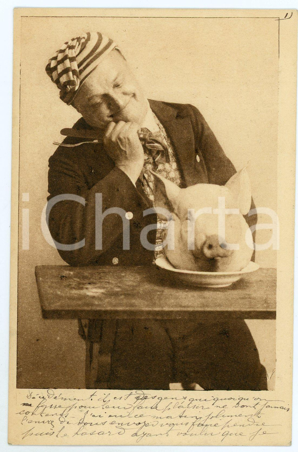1903 SATIRE - Man with pig head in the pot - Carte postale  Cartolina postale d'epoca, viaggiata.CONDIZIONI: G (ma brunitura al verso)FORMATO: FP    originale e autentica 1