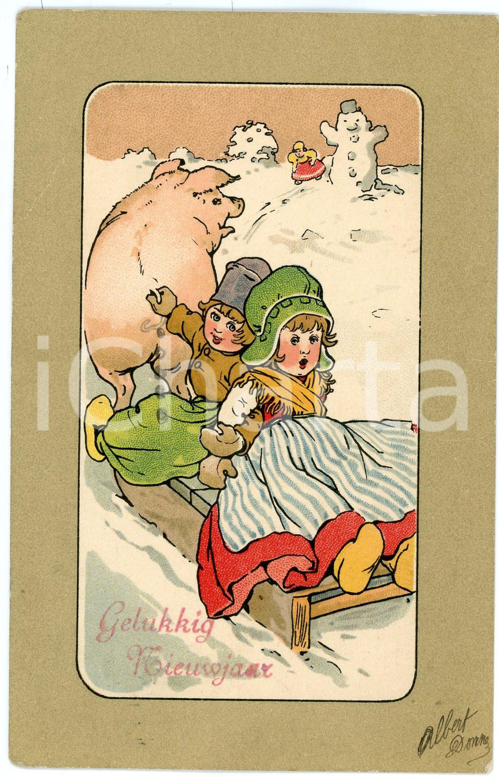1900 ca Gelukkig nieuwjaar - Children on a sled pulled by a pig - Postcard  Cartolina postale d'epoca, viaggiata.CONDIZIONI: P (piegatura evidente al lato sinistro; lieve smussatura all'angolo inferiore destro)FORMATO: FP    originale e autentica 1