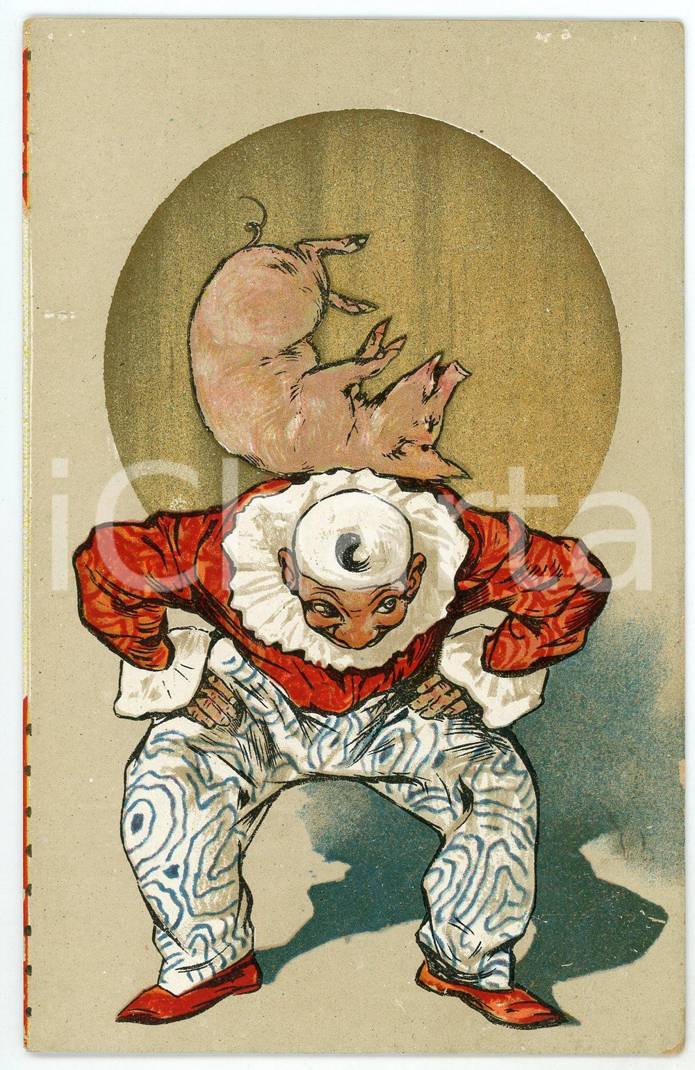 1900 ca - Clown with pig on his back - French vintage postcard  Cartolina postale d'epoca, non viaggiata.CONDIZIONI: F (lievi abrasioni angolari e lato sinistro con residuo di colore rosso)FORMATO: FP    originale e autentica 1