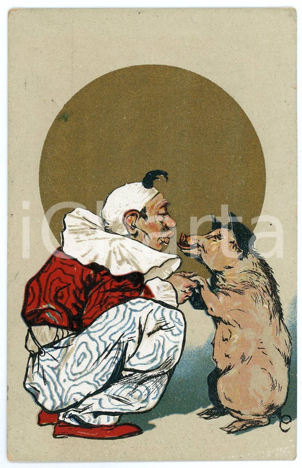 1900 ca - Sitting clown kissing a pig - French vintage postcard  Cartolina postale d'epoca, non viaggiata.CONDIZIONI: G (lievi abrasioni angolari)FORMATO: FP    originale e autentica 1