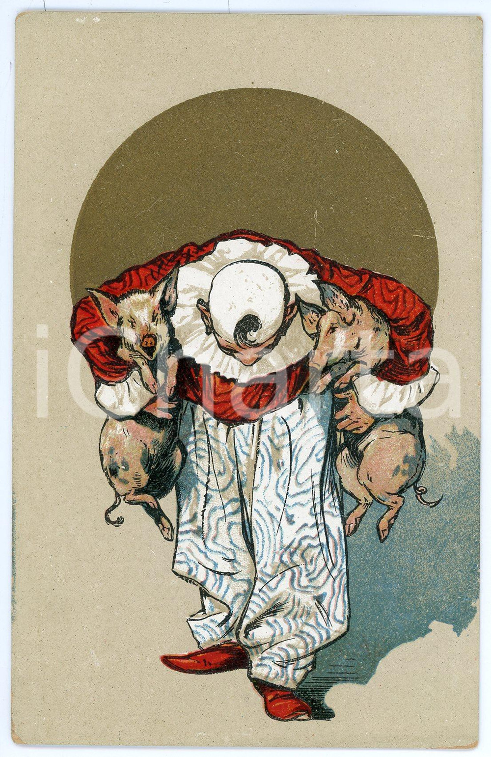 1900 ca Clown with two pigs in his arms - French vintage postcard  Cartolina postale d'epoca, non viaggiata.CONDIZIONI: G (lievi abrasioni agli angoli inferiori)FORMATO: FP    originale e autentica 1