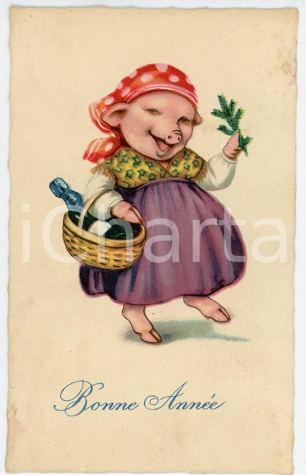 1920 ca BONNE ANNÉE - Pig with dress and basket *Anthropomorphic postcard  Cartolina postale d'epoca, scritta ma non viaggiata.CONDIZIONI: GFORMATO: FP    originale e autentica 1
