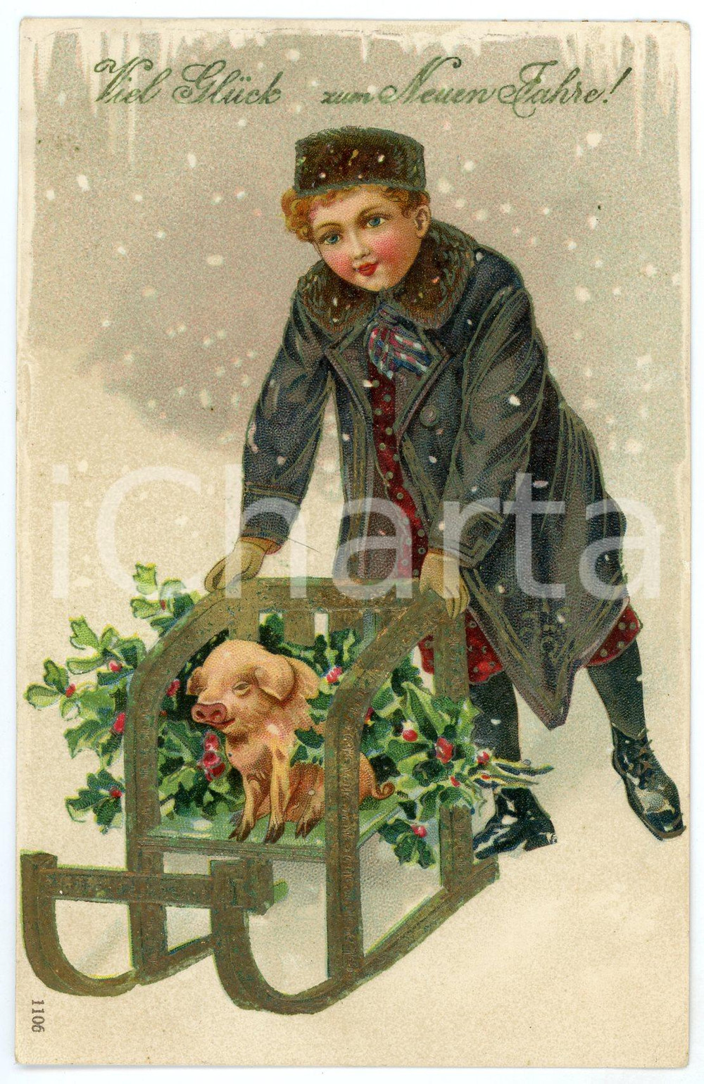 1910 Viel Glück zum Neuen Jahre! - Child with sled and pig *Embossed Postcard  Cartolina postale d'epoca, viaggiata, in rilievo.CONDIZIONI: F (lieve piegatura angolare)FORMATO: FP    originale e autentica 1