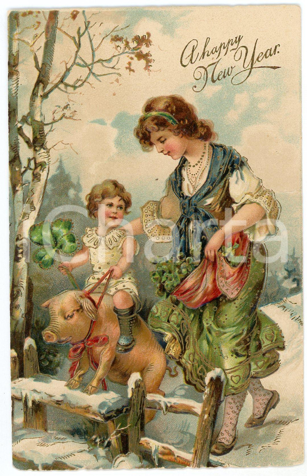 1910 ca HAPPY NEW YEAR Woman with child riding a pig - Embossed golden postcard  Cartolina postale d'epoca, non viaggiata, in rilievo.CONDIZIONI: G FORMATO: FP    originale e autentica 1