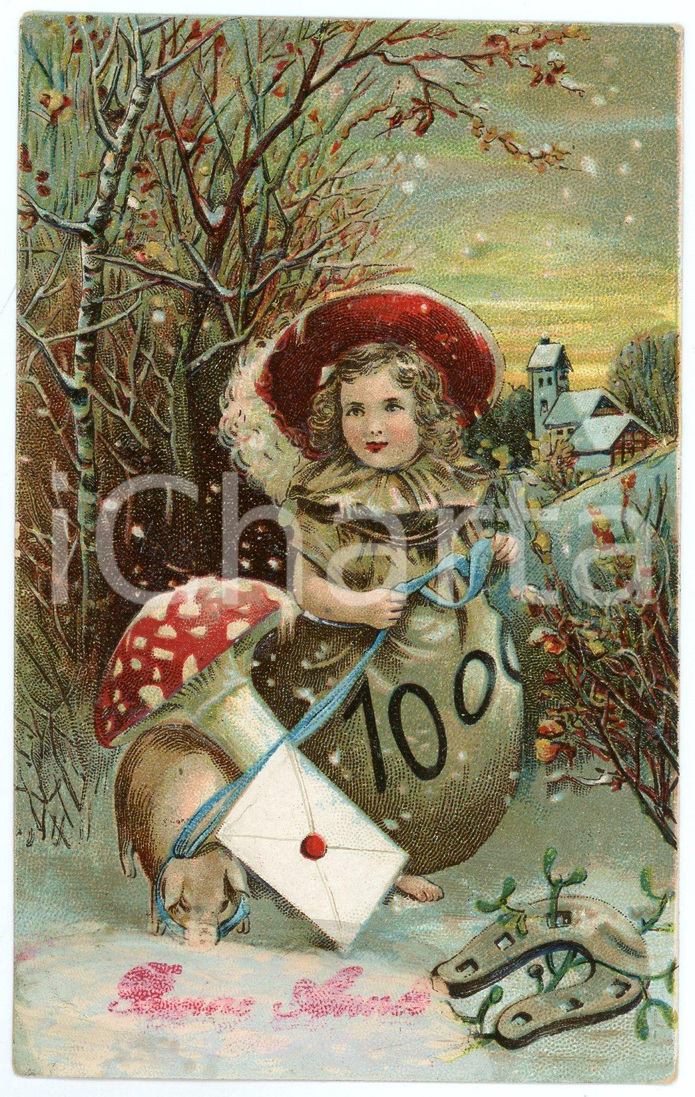1918 BONNE ANNÉE Little girl in a forest with pig on a leash *Embossed Postacard  Cartolina postale d'epoca, viaggiata, in rilievo.CONDIZIONI: G FORMATO: FP    originale e autentica 1
