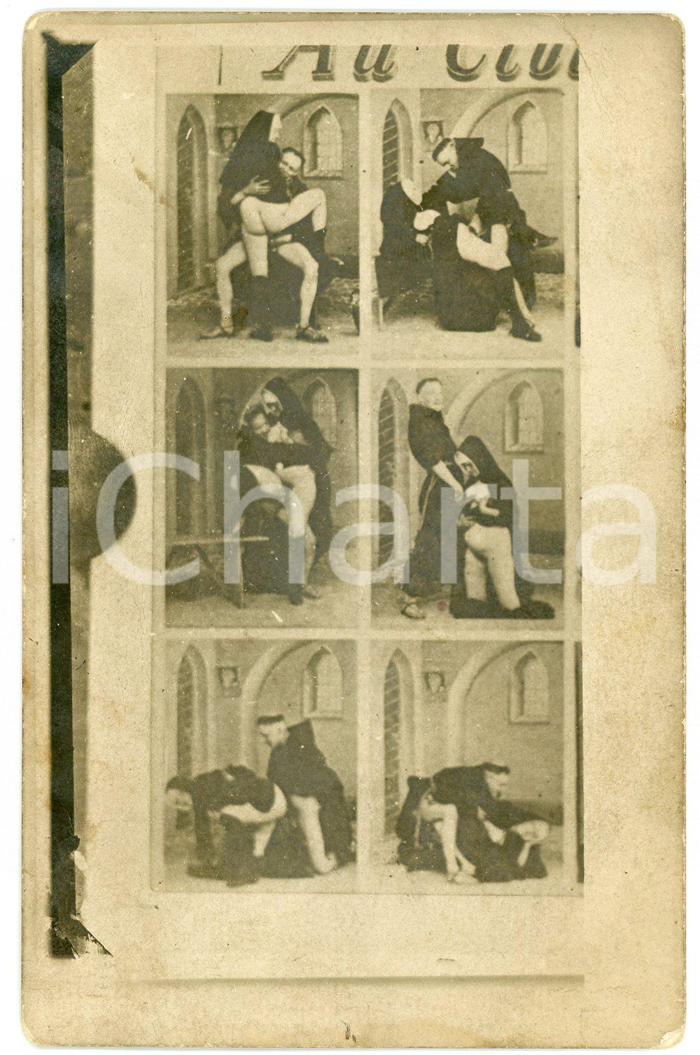 1900 ca VINTAGE EROTIC Au Cloître - Monk and nun having sex RARE Postcard RPPC 1 Rara cartolina postale d'epoca, realizzata utilizzando una sequenza di vere fotografie.CONDIZIONI: P (piegature angolari e al lato sinistro) FORMATO: 9x14 cm    originale e autentica 1