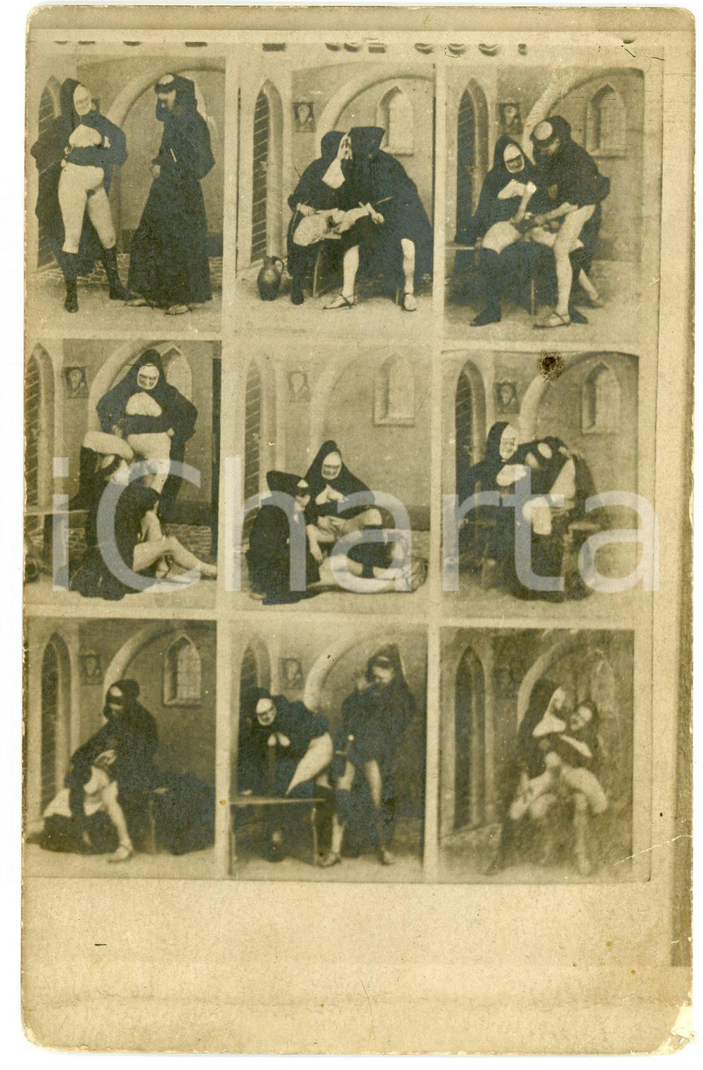 1900 ca VINTAGE EROTIC Au Cloître - Monk and nun having sex RARE Postcard RPPC 3 Rara cartolina postale d'epoca, realizzata utilizzando una sequenza di vere fotografie.CONDIZIONI: P (piegature angolari e al lato destro; minima sbrecciatura angolare) FORMATO: 9x14 cm    originale e autentica 1