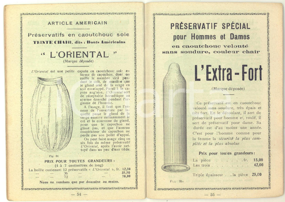 1910 ca FRANCE PrÃ©servatifs pour homme / dame - Catalogue ILLUSTRE' RARE 62 p. Rara pubblicazione d'epoca, illustrata b/n, della Soci&eacute;t&eacute; Excelsior.CONDIZIONI: F (tracce d'uso; gualciture all'ultima pagina; strappi millimetrici ai margini)PAGINE: 62FORMATO: 10x15 cm     originale e autentica 1