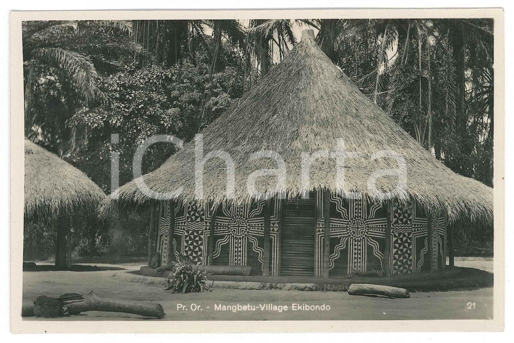 1935 C. ZAGOURSKI «L'Afrique qui disparaît» MANGBETU - Village EKIBONDO n. 69  Fotocartolina postale d'epoca, appartenente alla serie &laquo;L'Afrique qui dispara&icirc;t&raquo; del fotografo Casimir Zagourski (L&eacute;opoldville).N&deg; 69 della 1^ serie, n&deg; 21  al recto, scritta ma non viaggiata.CONDIZIONI: GFORMATO: 14x9 cm    originale e autentica 1