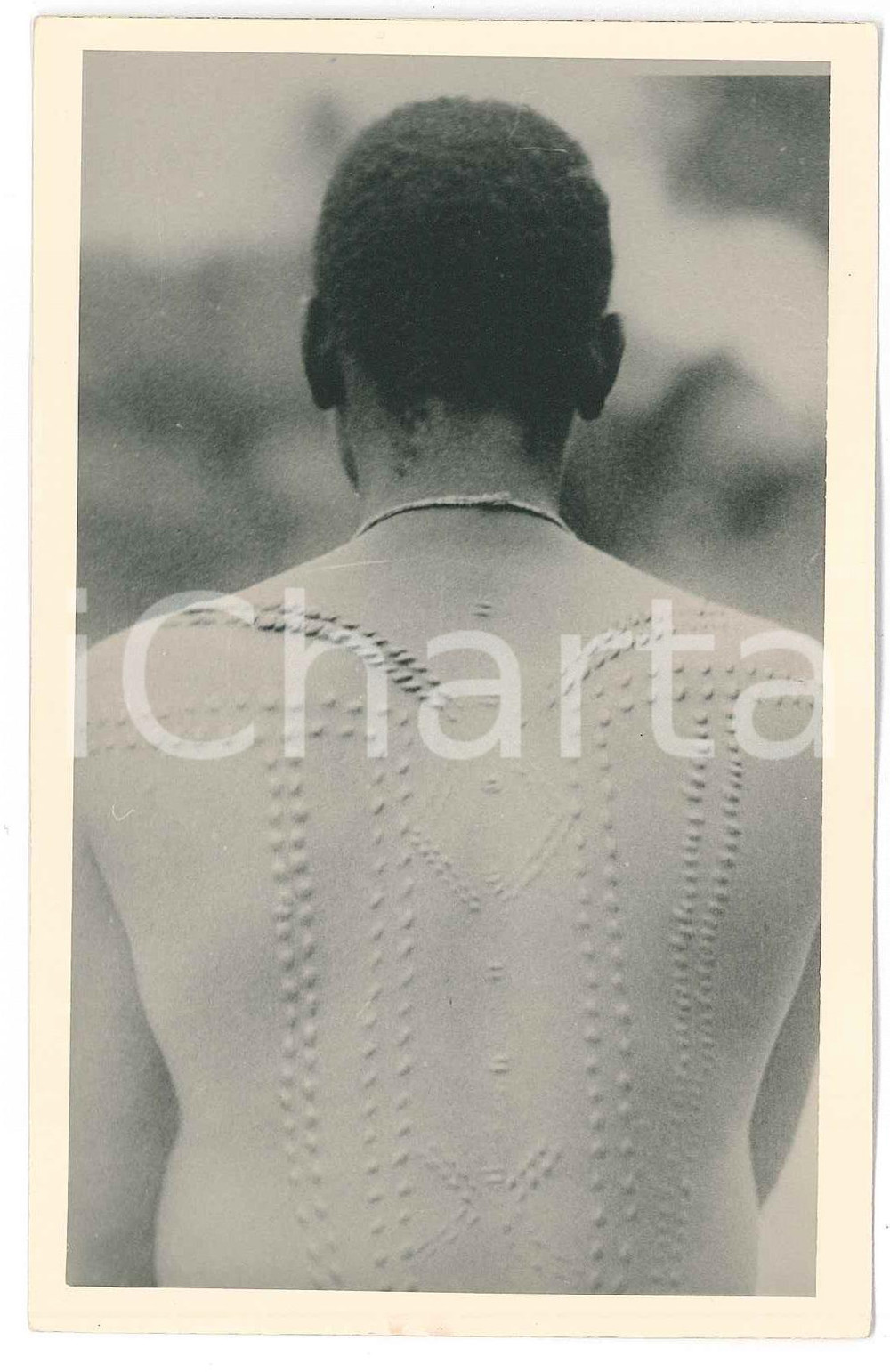 1930 C. ZAGOURSKI «L'Afrique qui disparaît» Scarification femme M'BOUAKA - n.34  Fotocartolina postale d'epoca, appartenente alla serie &laquo;L'Afrique qui dispara&icirc;t&raquo; del fotografo Casimir Zagourski (L&eacute;opoldville), n&deg; 34.Non viaggiata.Timbro al verso: "Henri Nicaise Photographe - Namur".CONDIZIONI: GFORMATO: 9x14 cm    originale e autentica 1