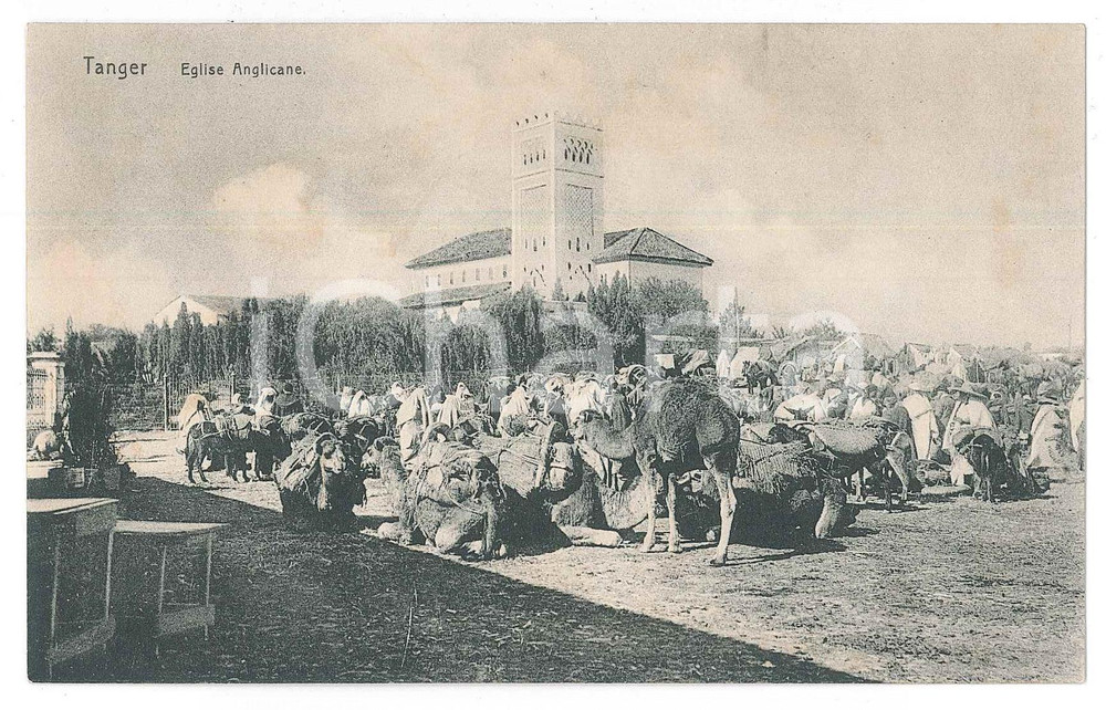 1910 ca TANGER - MAROC Eglise anglicane - Dromadaires - Carte postale FP NV  Cartolina postale d'epoca, non viaggiata.CONDIZIONI: POOR (parziale distacco degli strati della carta al margine superiore)FORMATO: FP    originale e autentica 1