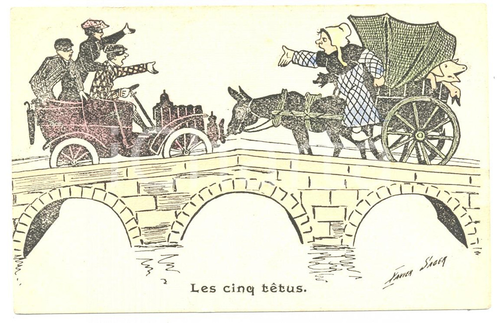 1904 HUMOUR Les cinq têtus - Car vs. carriage - Artist Xavier SAGER Postcard FP  Cartolina postale d'epoca, viaggiata.CONDIZIONI: G (minime piegature angolari)FORMATO: FP    originale e autentica 1