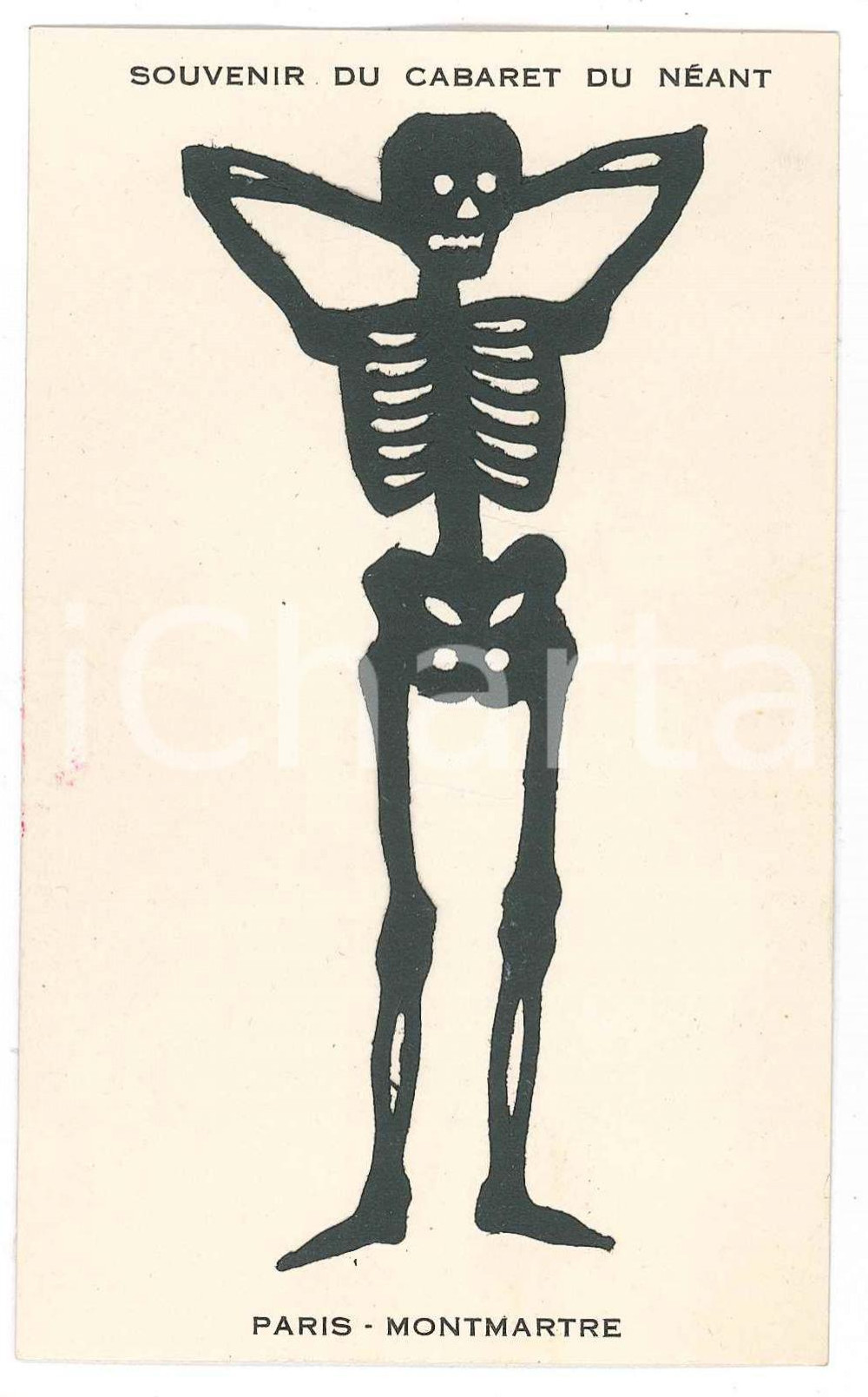 1920 ca PARIS Cabaret du NÉANT Skeleton DANSE MACABRE ILLUSTRATED Light Postcard  Cartolina d'epoca.L'illustrazione &egrave; realizzata su carta sottile e incollata al cartoncino. CONDIZIONI: GOODFORMATO: FP    originale e autentica 1