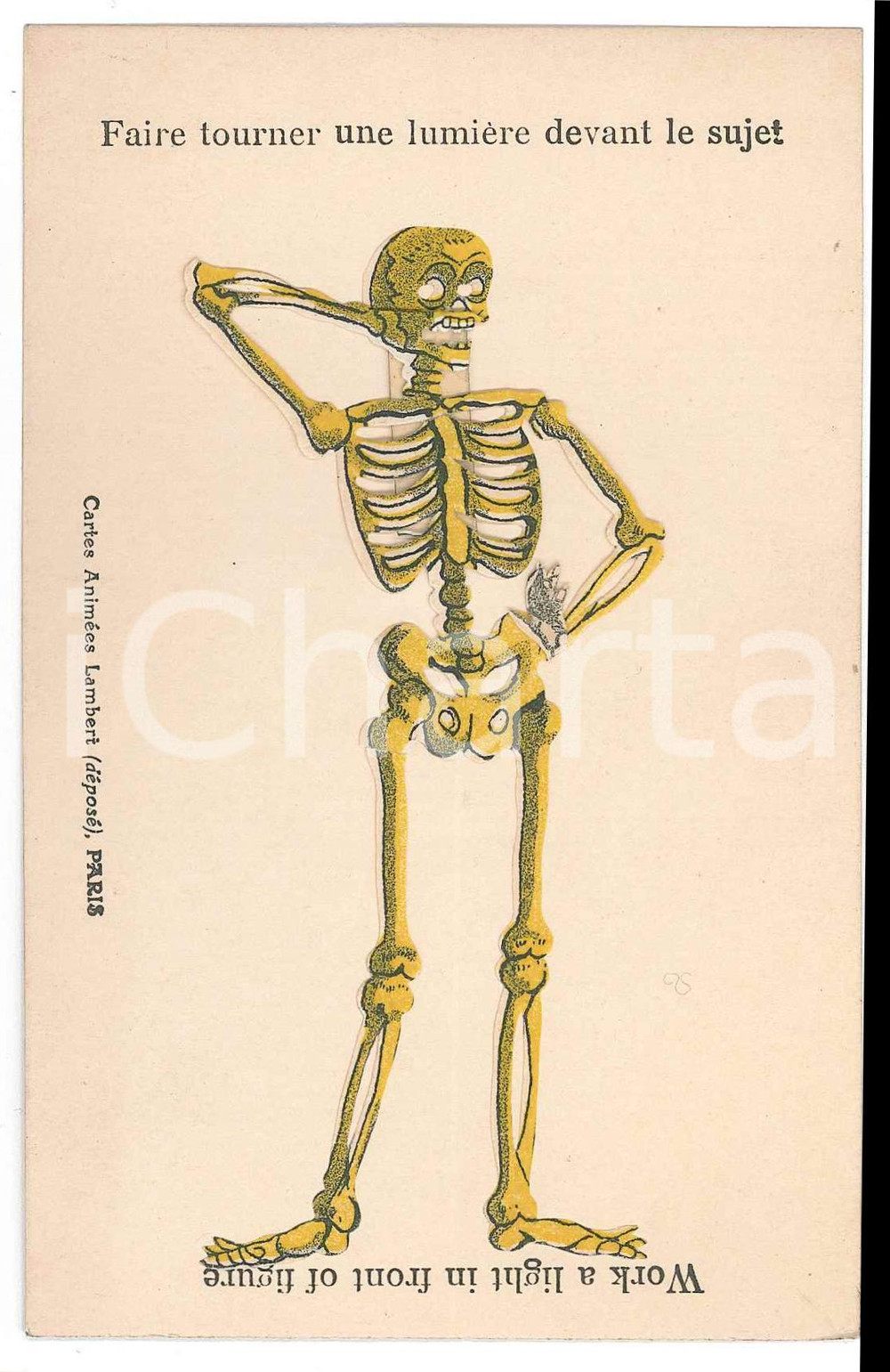 1920 ca DANSE MACABRE Skeleton ILLUSTRATED Light Postcard  Cartolina d'epoca.L'illustrazione &egrave; realizzata su carta sottile e incollata al cartoncino. Posizionando una luce sul lato indicato dalla scritta "Work a light in this side" &egrave; possibile vedere sull'altro lato la silhouette della figura. CONDIZIONI: POOR (parziale distacco della figura dal cartoncino)FORMATO: FP    originale e autentica 1