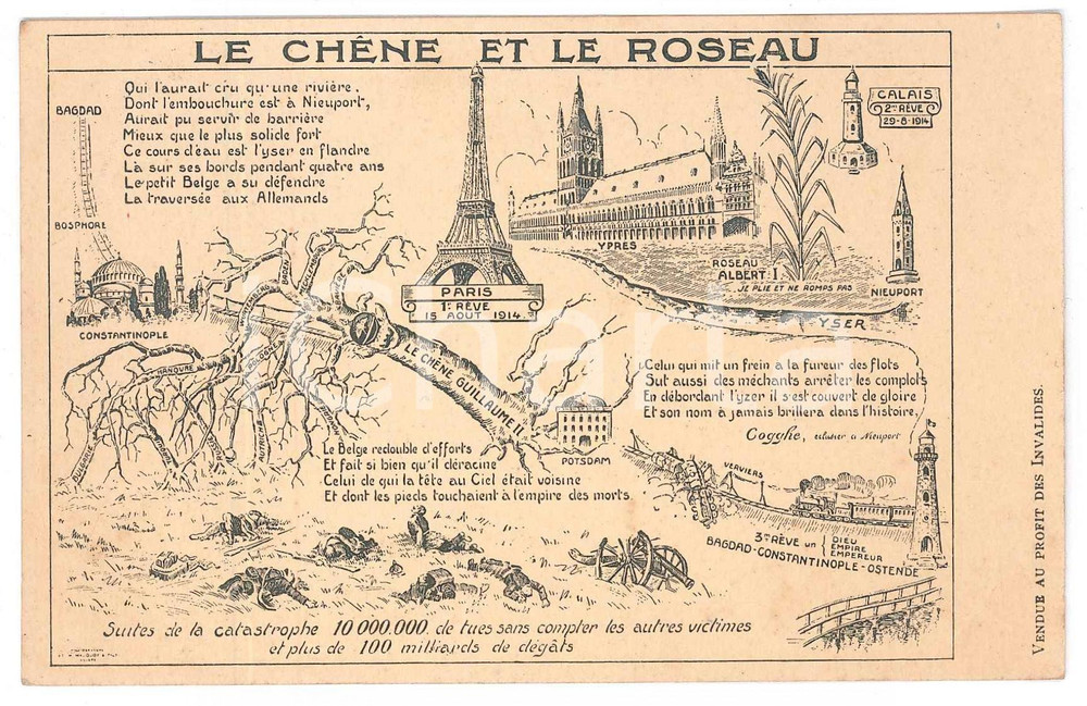 1915 ca WW1 SATIRE Le chêne et le roseau - Guillame II Albert I - Carte postale  Cartolina postale d'epoca, illustrata, non viaggiata.CONDIZIONI: FAIR (lievi piegature agli angoli)FORMATO: FP    originale e autentica 1