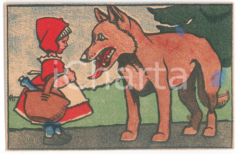 1910 ca FAIRY TALE Red Riding Hood and the wolf ILLUSTRATED Postcard FP NV  Cartolina d'epoca, illustrata, non viaggiata.CONDIZIONI: VERY POOR (macchie al recto e strappo al margine inferiore)FORMATO: FP    originale e autentica 1